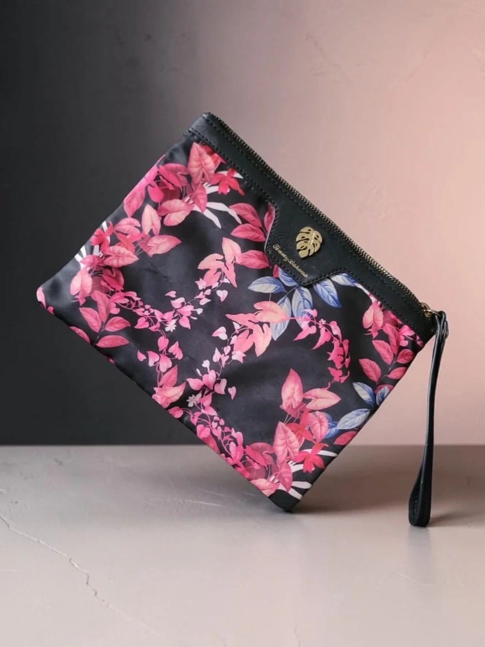 Tommy Bahama Black Wristlet Clutch with Pink Floral Print